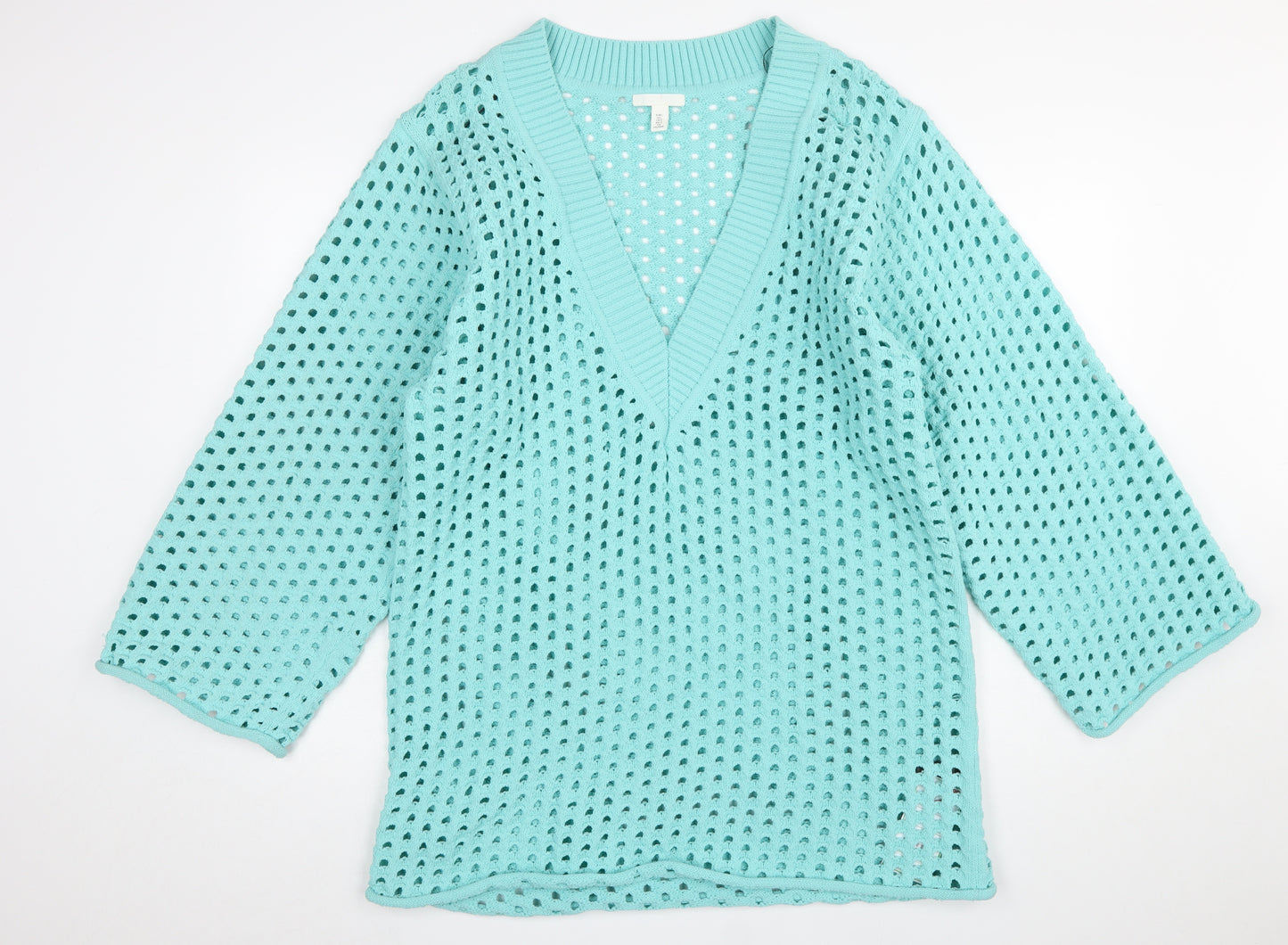 H&M Women’s Blue Open Knit V-Neck Pullover Jumper Size L