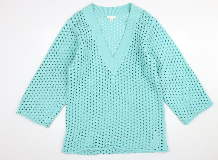 H&M Women’s Blue Open Knit V-Neck Pullover Jumper Size L