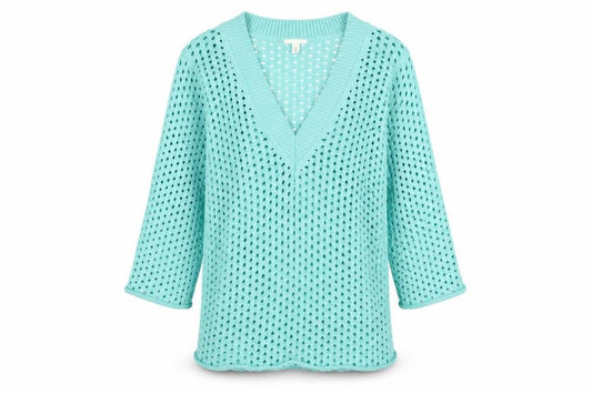 Front view of H&M Women’s Blue Open Knit V-Neck jumper, size L