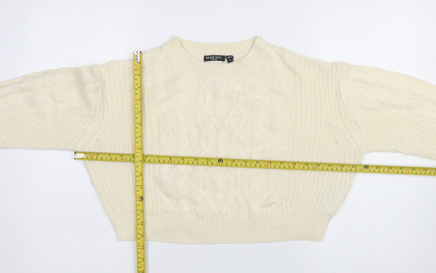 Brave Soul Women's Ivory Cable-Knit Crew Neck Jumper Size 12