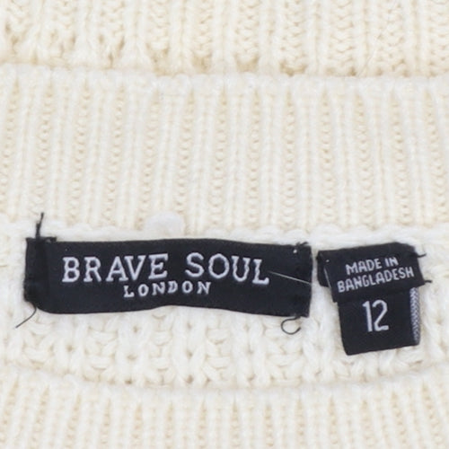 Brave Soul Women's Ivory Cable-Knit Crew Neck Jumper Size 12