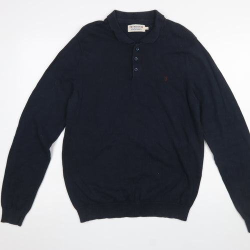 Farah Men's Blue Cotton Collared Henley Jumper Size L
