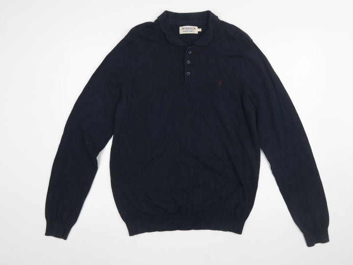 Farah Men's Blue Cotton Collared Henley Jumper Size L