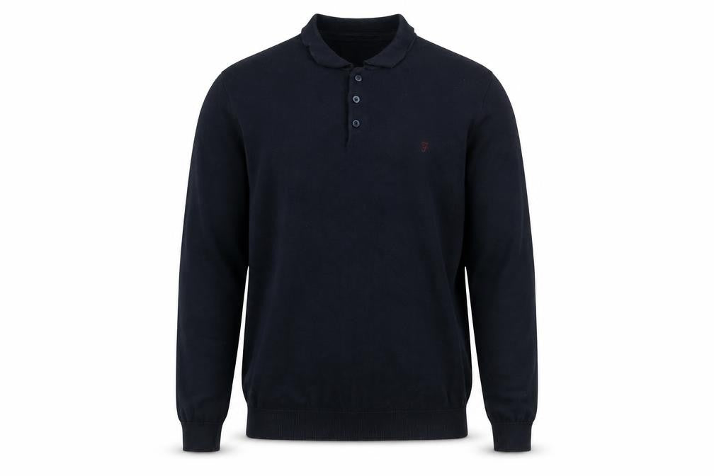 Front view of Farah Men's Blue Cotton Collared Henley Jumper, size L