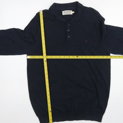 Farah Men's Blue Cotton Collared Henley Jumper Size L