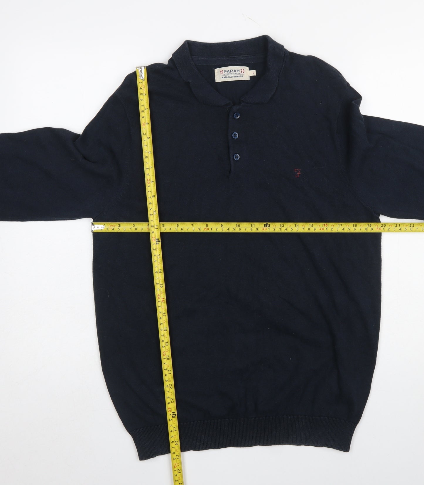 Farah Men's Blue Cotton Collared Henley Jumper Size L