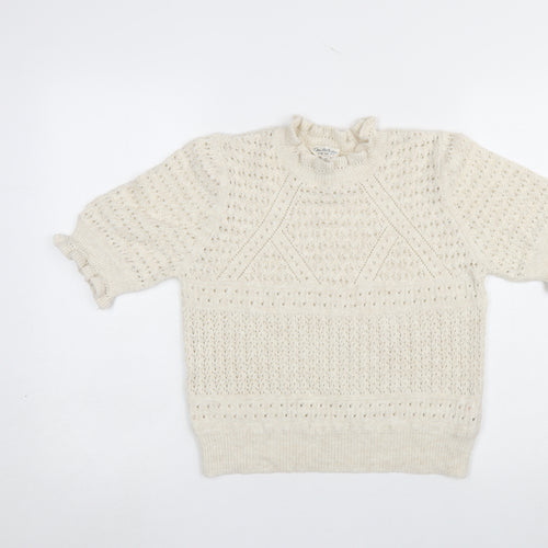 Miss Selfridge Women’s Ivory Open Knit Ruffle Short Sleeve Jumper Size 14