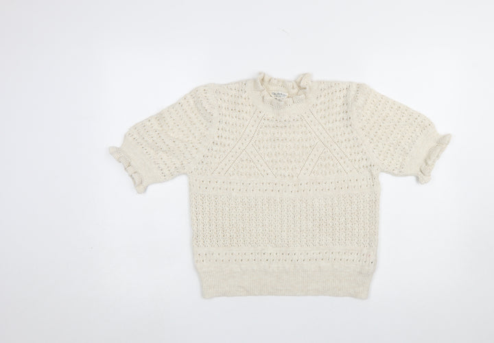 Miss Selfridge Women’s Ivory Open Knit Ruffle Short Sleeve Jumper Size 14