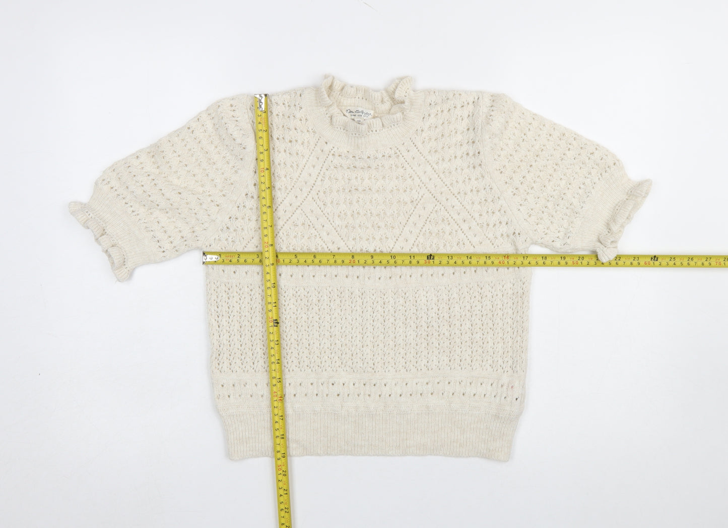 Miss Selfridge Women’s Ivory Open Knit Ruffle Short Sleeve Jumper Size 14