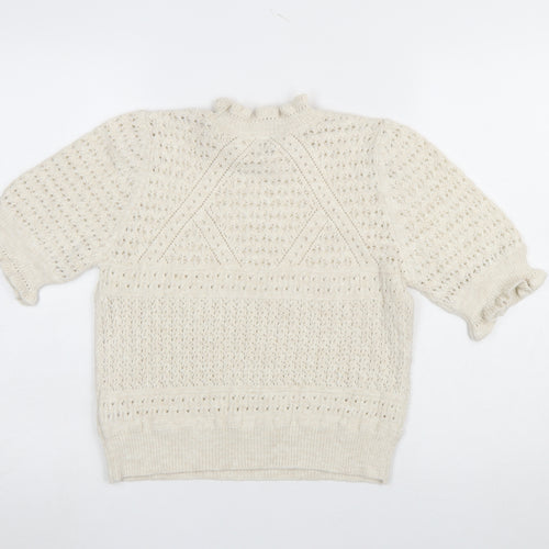 Miss Selfridge Women’s Ivory Open Knit Ruffle Short Sleeve Jumper Size 14