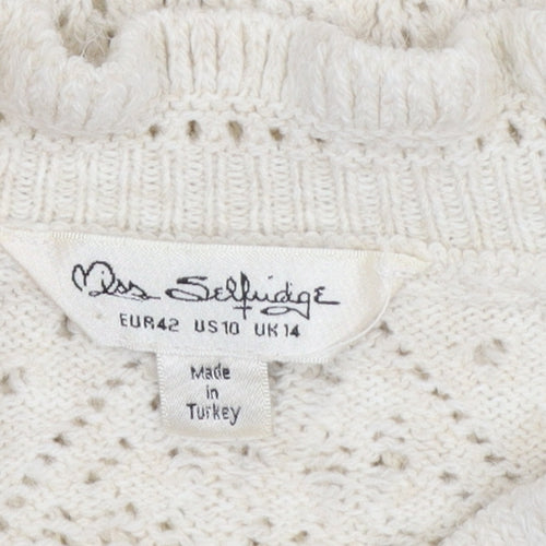 Miss Selfridge Women’s Ivory Open Knit Ruffle Short Sleeve Jumper Size 14