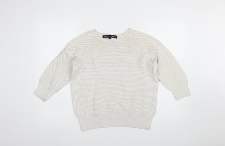 French Connection Women Ivory Cotton Jumper S Crew Neck 3/4 Sleeve