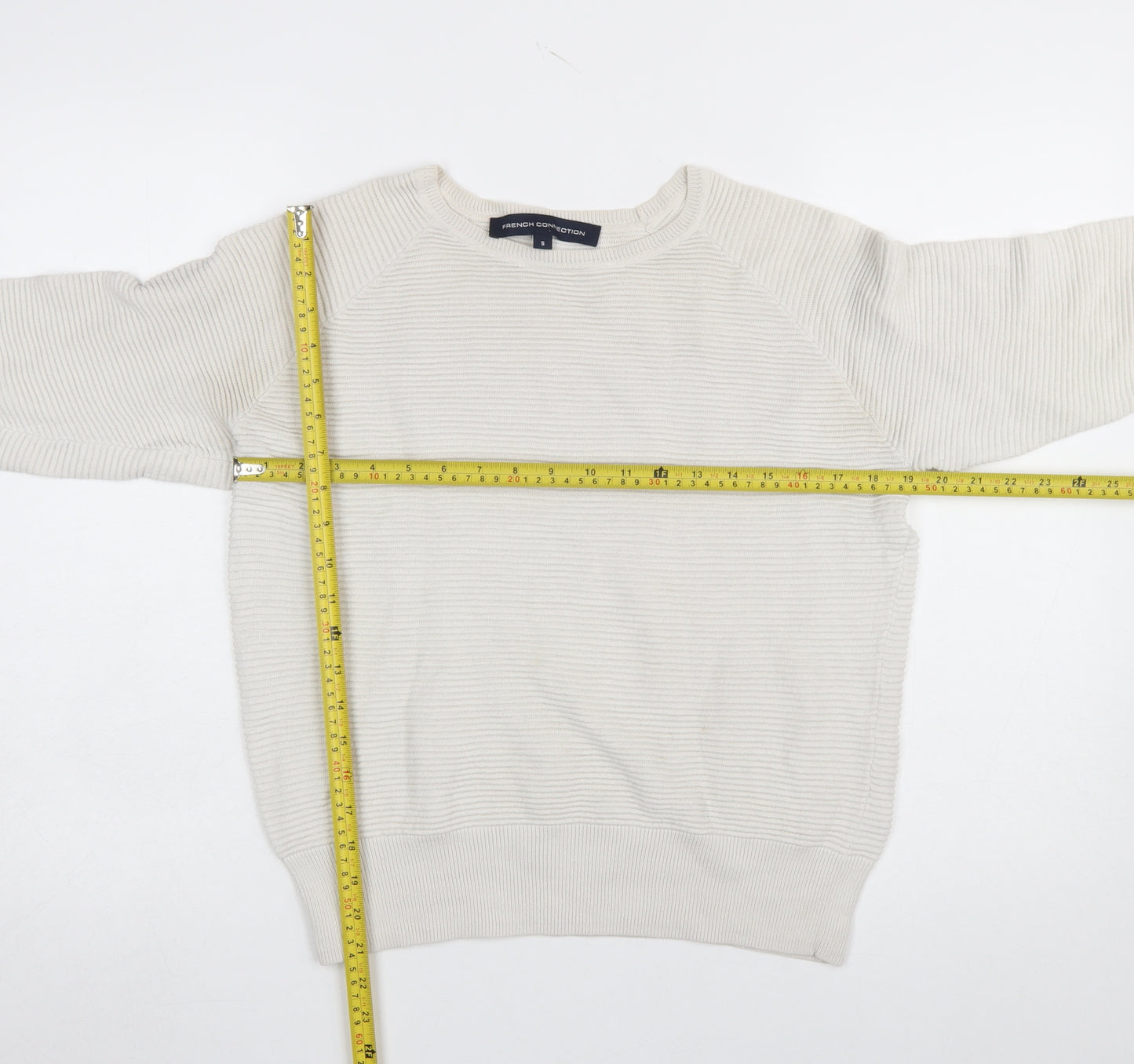 French Connection Women Ivory Cotton Jumper S Crew Neck 3/4 Sleeve