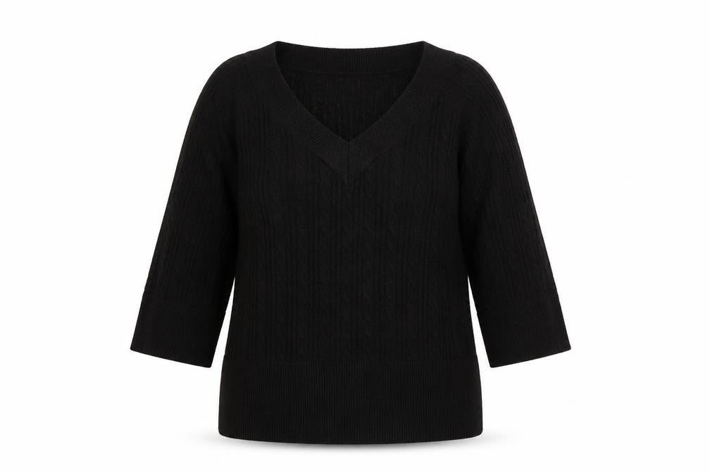 Front view of Monsoon Women’s Black V-Neck Cable-Knit jumper L