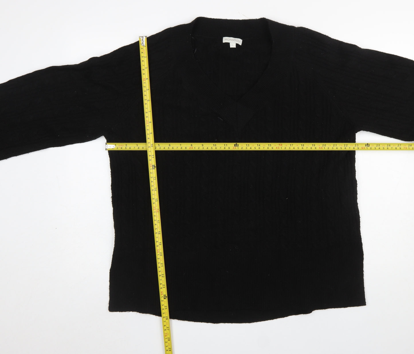 Monsoon Women’s Black V-Neck Cable-Knit Pullover Jumper L