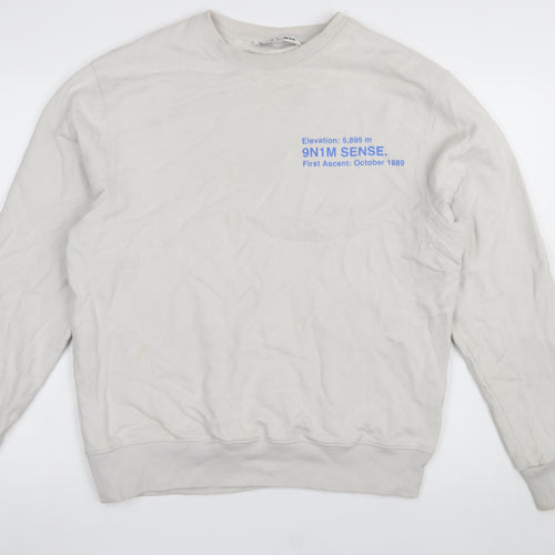 9N1M SENSE Men Beige Graphic Print Crew Neck Cotton Sweatshirt Size S