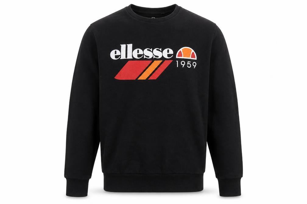 Front view of Ellesse Men's Black Crew Neck Sweatshirt S Regular Fit Logo Pullover