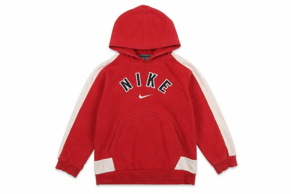 Front view of Nike boys’ red pullover hoodie, size L, 10-12 cotton blend with logo design