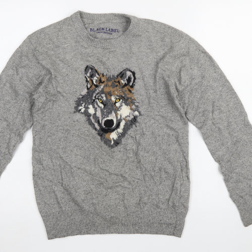 Black Label Crestbridge Women's Grey Wool Wolf Jumper M