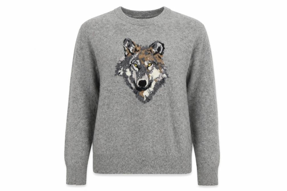 Front view of Black Label Crestbridge Women's Grey Wool Wolf Jumper M