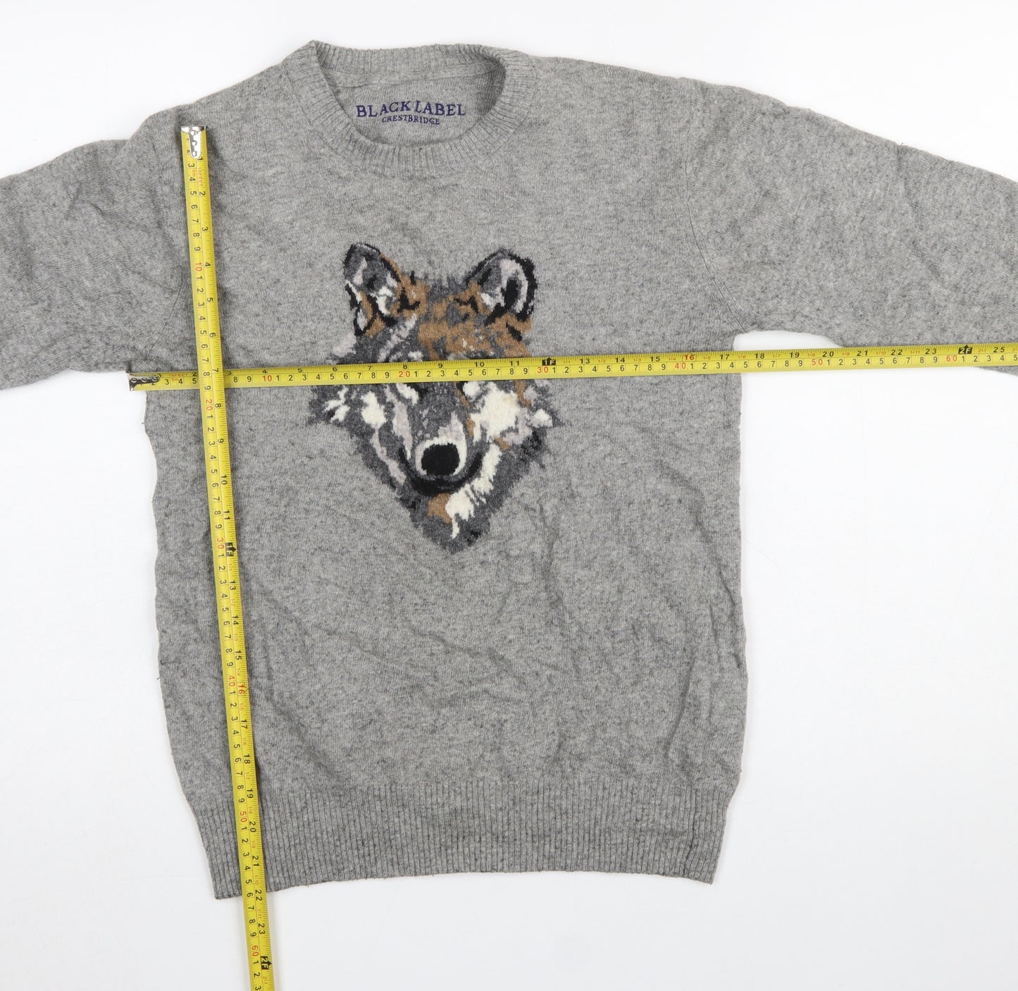 Black Label Crestbridge Women's Grey Wool Wolf Jumper M