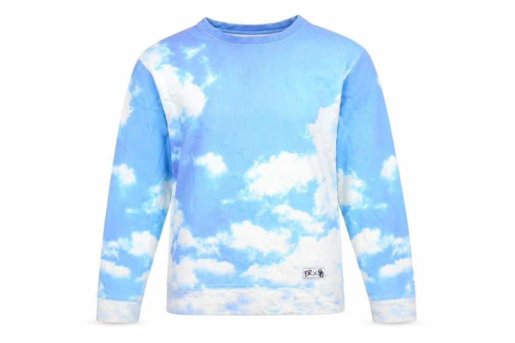 Front view of Breaking Rocks women’s blue cloud print cotton pullover sweatshirt s