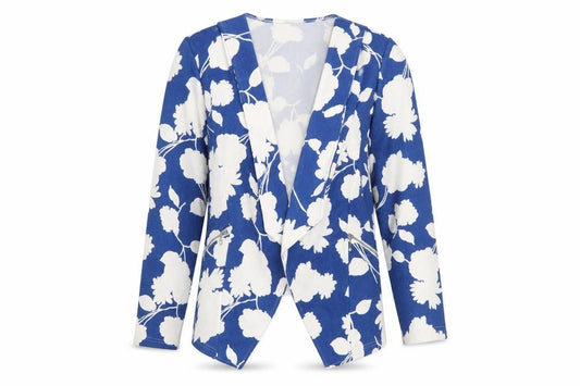 Front view of Klass Women Blue Floral Blazer Jacket, size 12, Stretch Woven
