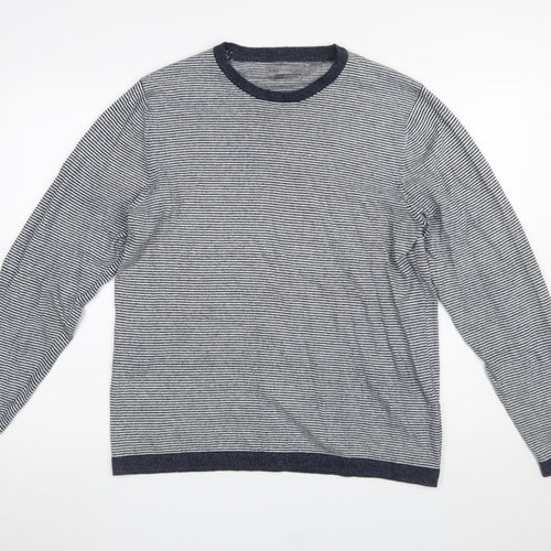 Marks and Spencer Men's Blue Striped Cotton Linen Crew Neck Jumper L