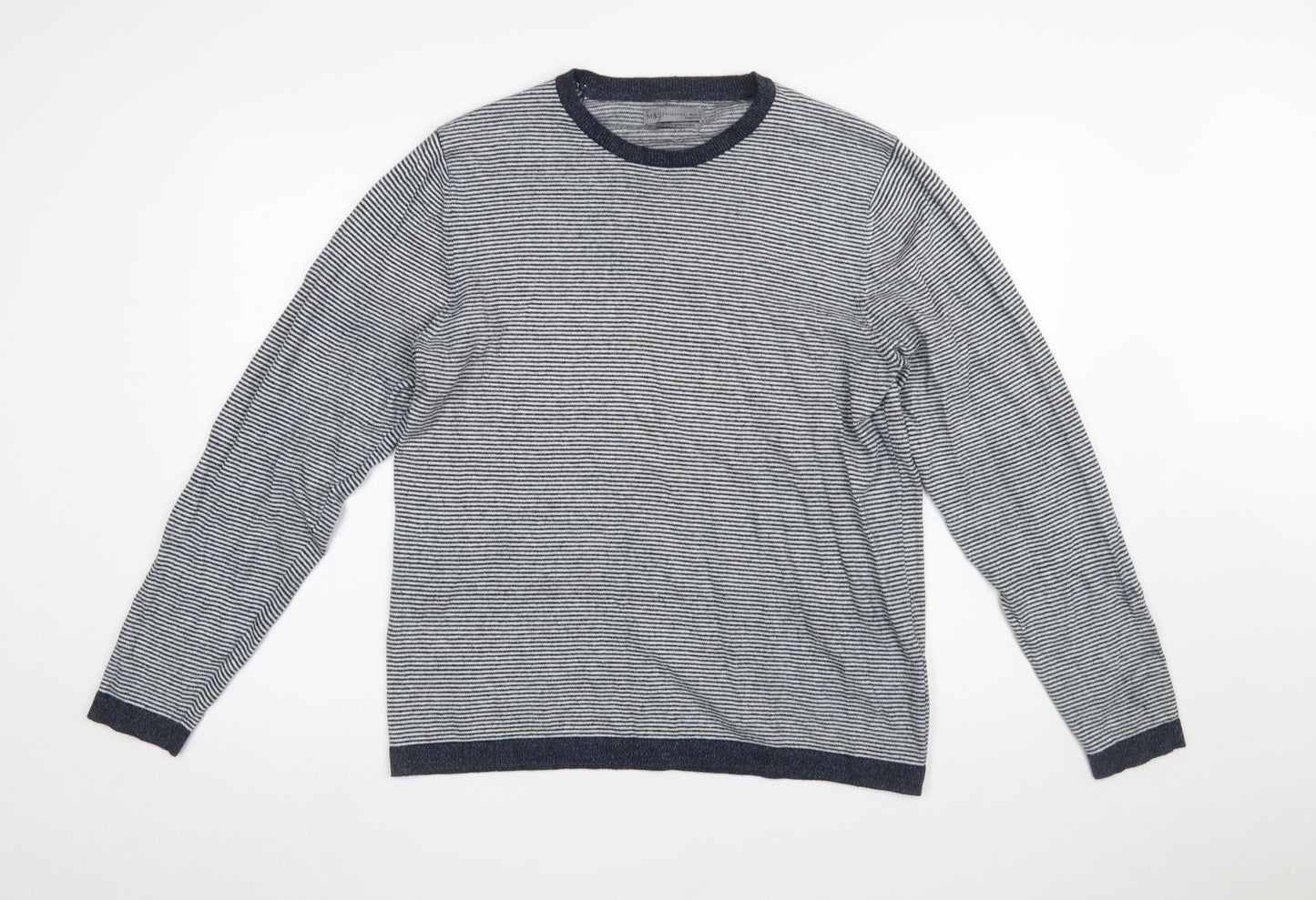 Marks and Spencer Men's Blue Striped Cotton Linen Crew Neck Jumper L