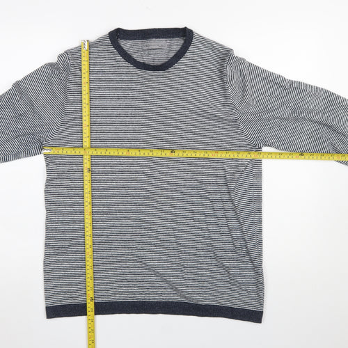 Marks and Spencer Men's Blue Striped Cotton Linen Crew Neck Jumper L