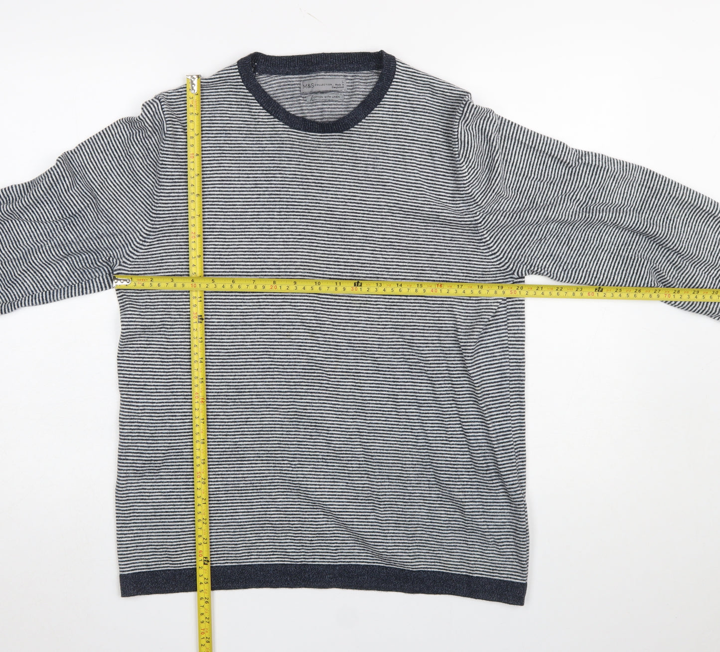 Marks and Spencer Men's Blue Striped Cotton Linen Crew Neck Jumper L