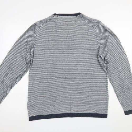 Marks and Spencer Men's Blue Striped Cotton Linen Crew Neck Jumper L