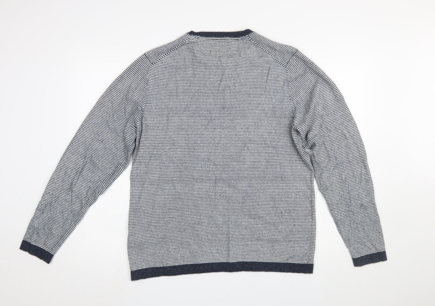 Marks and Spencer Men's Blue Striped Cotton Linen Crew Neck Jumper L