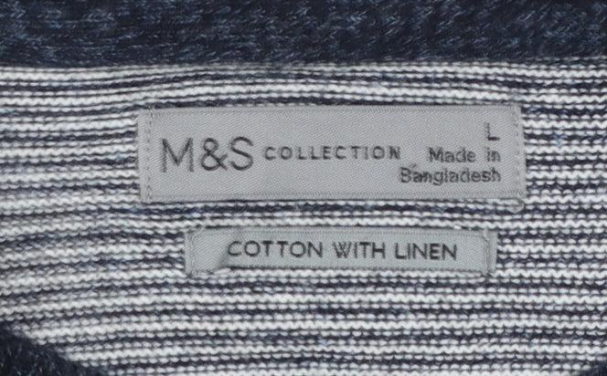Marks and Spencer Men's Blue Striped Cotton Linen Crew Neck Jumper L