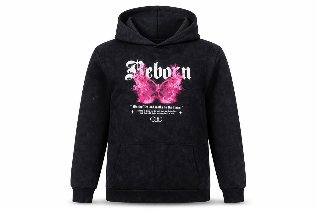 Front view of River Island women’s black pink graphic reborn pullover hoodie, size S