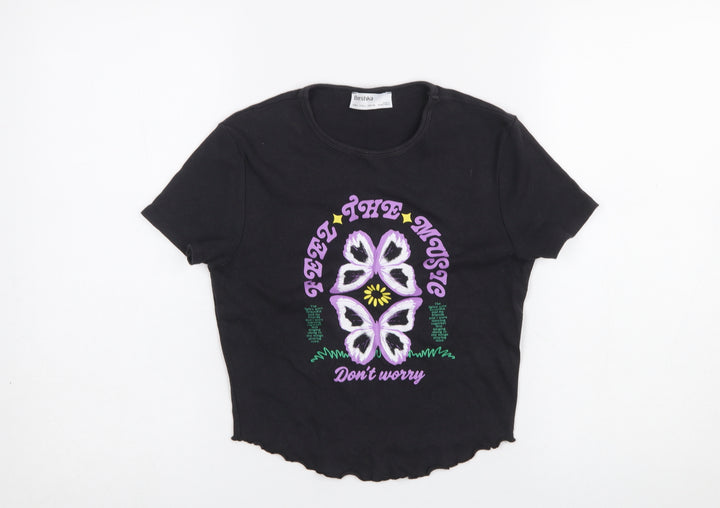 Bershka Women Black Cropped Music Graphic T-Shirt Size 14