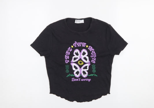 Bershka Women Black Cropped Music Graphic T-Shirt Size 14