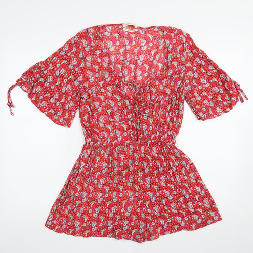 Urban Outfitters Red Floral Viscose Playsuit Womens 8P Short Sleeve Elastic Waist
