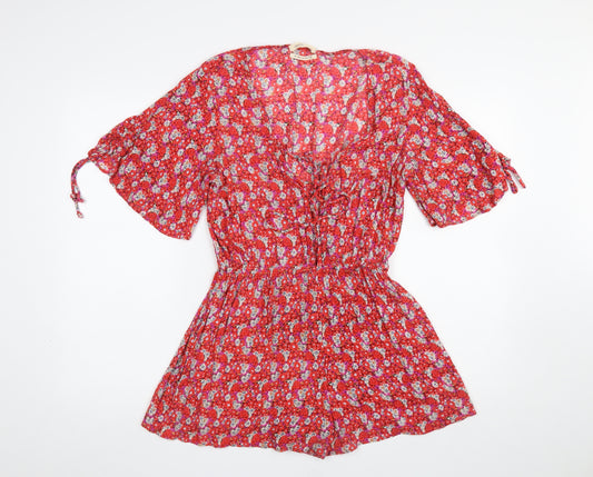 Urban Outfitters Red Floral Viscose Playsuit Womens 8P Short Sleeve Elastic Waist
