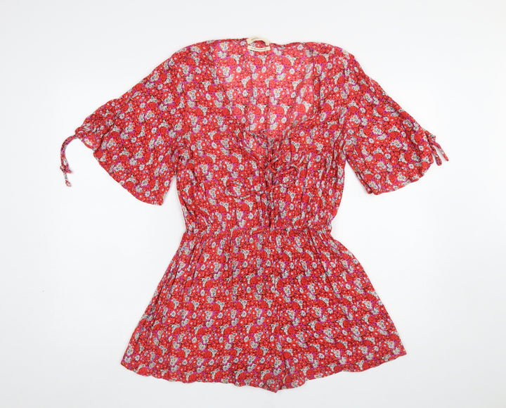 Urban Outfitters Red Floral Viscose Playsuit Womens 8P Short Sleeve Elastic Waist