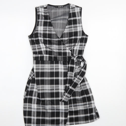 Quiz Women’s Black Check Wrap Dress Size 8 Sleeveless V-Neck Belted