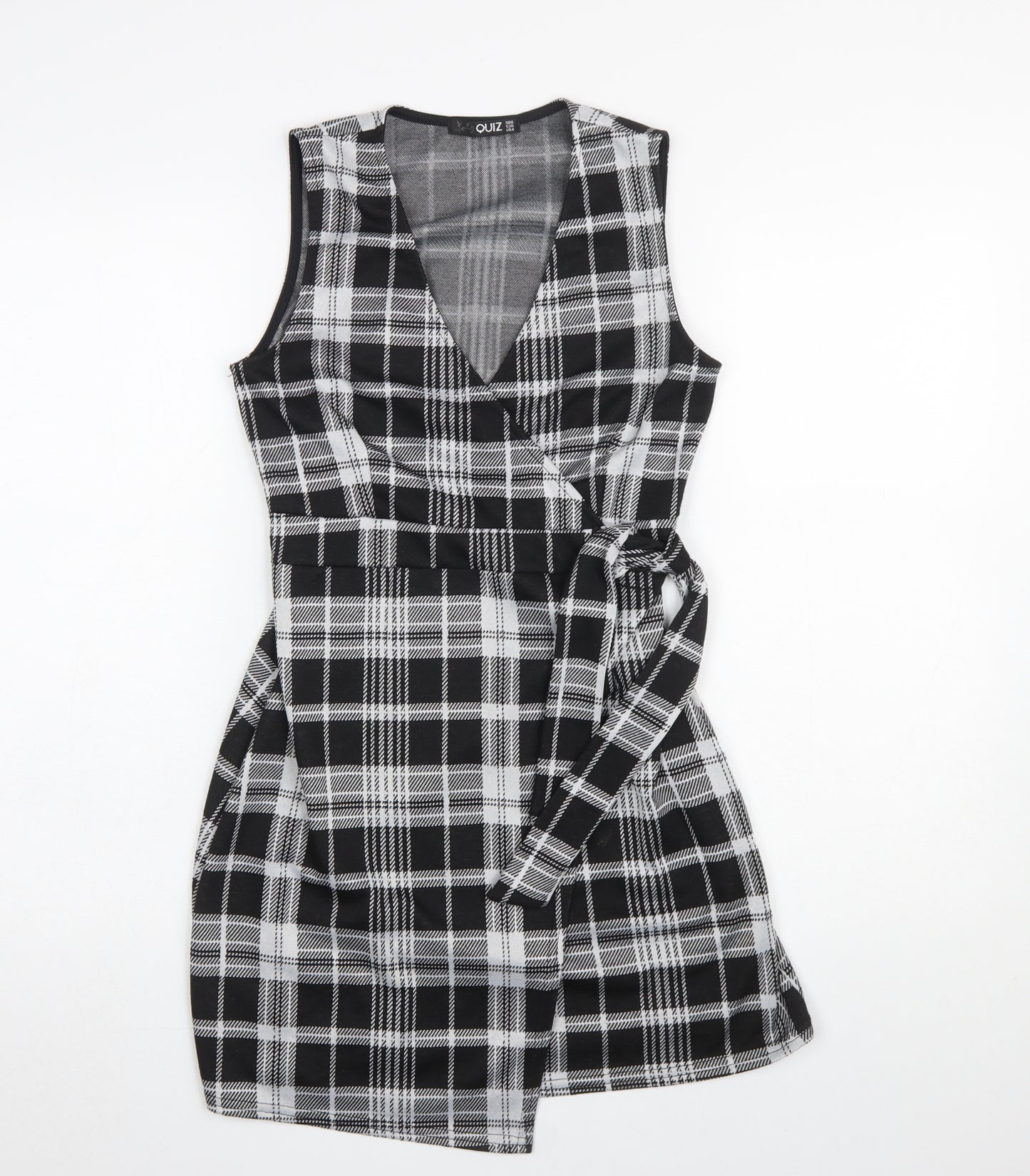 Quiz Women’s Black Check Wrap Dress Size 8 Sleeveless V-Neck Belted