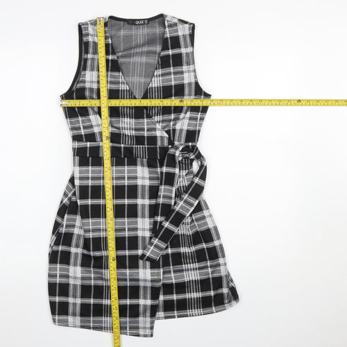 Quiz Women’s Black Check Wrap Dress Size 8 Sleeveless V-Neck Belted