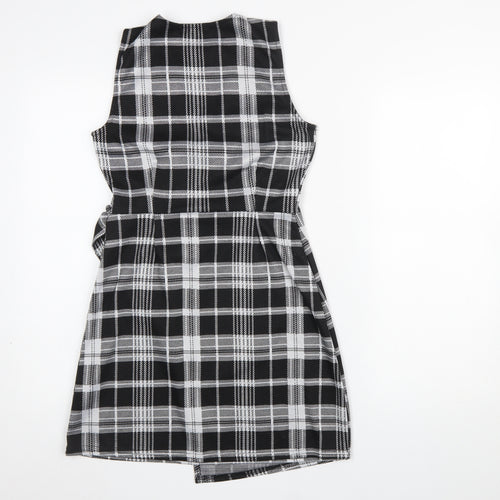 Quiz Women’s Black Check Wrap Dress Size 8 Sleeveless V-Neck Belted
