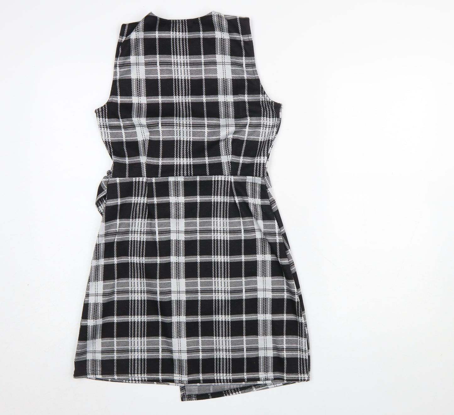 Quiz Women’s Black Check Wrap Dress Size 8 Sleeveless V-Neck Belted