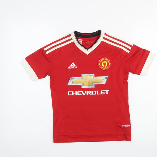 adidas Boys Red Manchester United Football Jersey 9-10 Years Climalite T-Shirt