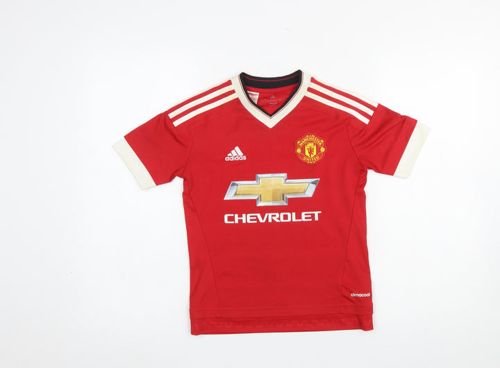 adidas Boys Red Manchester United Football Jersey 9-10 Years Climalite T-Shirt