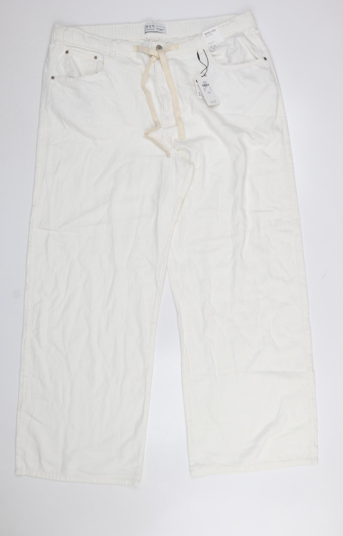 Primark Women Ivory Wide-Leg Trousers Size 18 Cotton Drawstring Casual