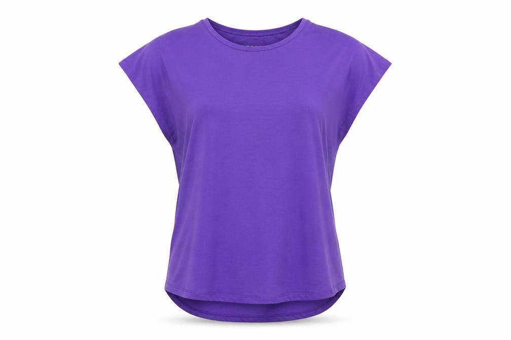 Front view of Dunnes women’s purple performance sport t-shirt, size S