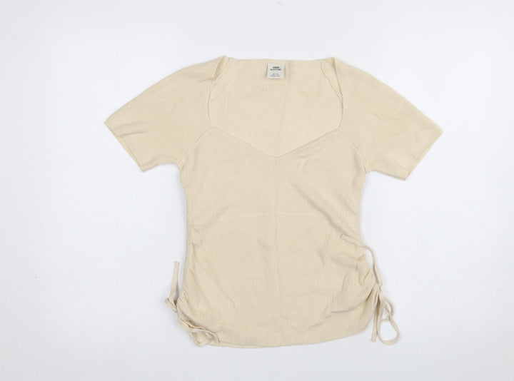 Urban Outfitters Women Beige V-Neck Short Sleeve Knit Jumper XL